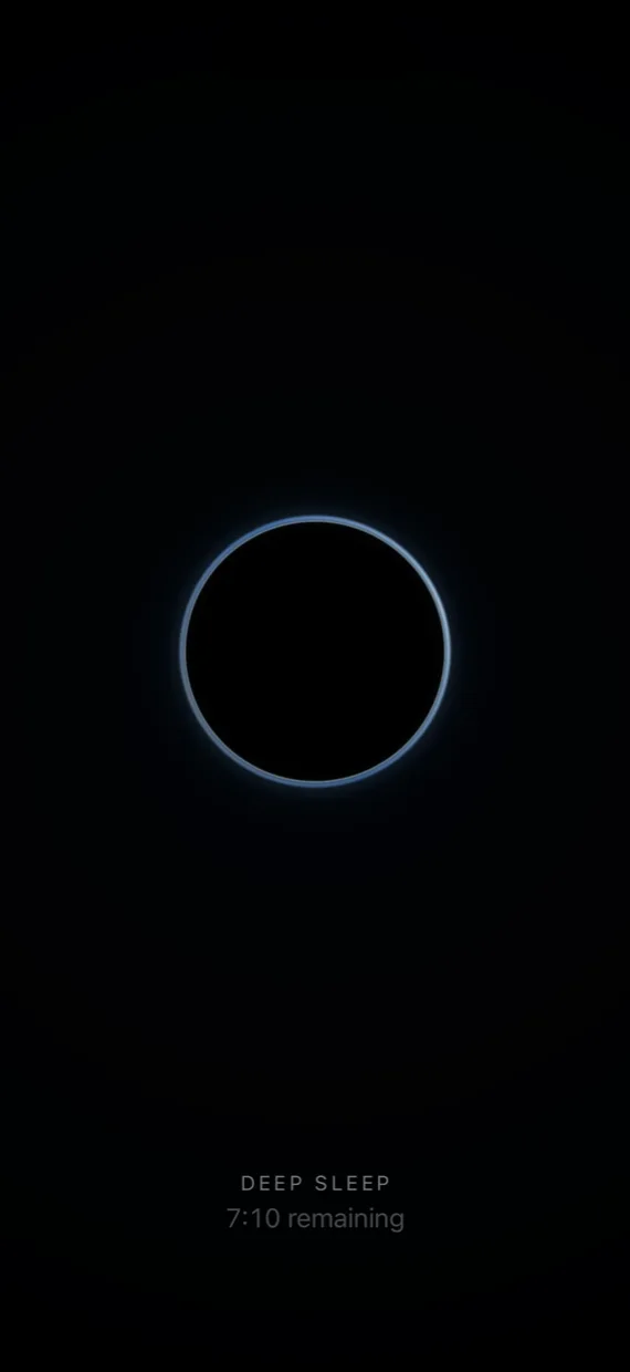 A journey playing: a ring of blue light with its centre empty, and the title and time remaining below.
